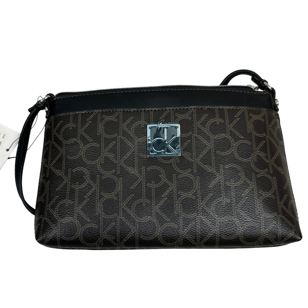 Calvin Klein CK Monogram Zip Shoulder Bag Brown Logo Purse